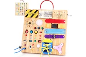 HOAROSALL 23 w 1 Busy Board Zabawki Montessori od 1 roku życia Tablica aktywności Drewniana zabawka z 15 przełącznikami, 26 diodami LED, pozytywką, zamkiem, sznurowadłami i zamkami błyskawicznymi