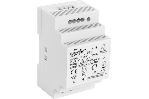 Poppstar Alimentation pour rail DIN Sortie 12 V DC 4,5 A 54 W (Entrée 100-240 V AC 50/60 Hz) Bloc d'Alimentation/transformateur pour rail DIN 52,5 * 90 * 58mm, blanc