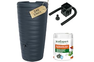 NOVECRAFTO Water Butt Kit With Tap, Diverter And Bio Cleaner- 240L Plastic Rain Water Collector for Garden, Balcony or Terrace - H44 x D23 in (114.5x59.3cm) Save and Promote Plant Growth In Modern Grey