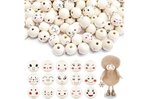 KAOTPO Holzperlen mit Gesicht, 120 Stück Holzkugeln mit Loch, Holzperlen mit 15 Verschiedene Lächelndes Für DIY Basteln, Armbänder und Halsketten