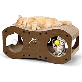 Gimars Scratching Post for Cats in the Shape of 8, with Tunnel and Ball, Furniture Protection, Natural (Walnut)
