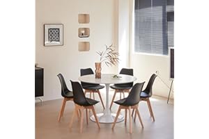 Uderkiny Juego de Mesa de Comedor y Silla, Mesa de Comedor Redonda de MDF de 110 cm con 6 sillas de Comedor Modernas de PU, adecuados para Cocina, Comedor, cafetería, balcón（Blanco,6 Negro）