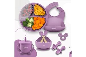 BABIES OF HEAVEN BabiesofHeaven COFFRET REPAS BEBE COMPLET [10 pièces],Assiette Ventouse Silicone Antiderapant avec Compartiments et Couvercle, Ventouse Bol, Bavoir,Cuillère,Vaisselle Enfant Set (Rose foncé)