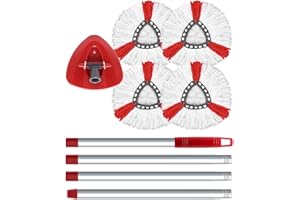Spin Mop Head Replacement, Mop Handle,Mop Base Compatible with Vileda all Turbo Mop, 4 Microfibre Mop Heads, 1 Triangle Mop Head Base and 76-148cm Mop Handle Stick Combo Set by WAKAYOYO