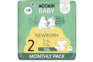 DELIPAP Pañales Moomin Baby Eco Talla 2 Paquete mensual, 3-6 kg, 168 pañales premium con indicador de humedad | agradables para la piel, sin productos químicos innecesarios |