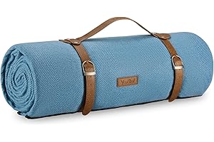 VonShef Picnic Blanket, Blue Herringbone Large Outdoor Rug with Waterproof Backing, 8 Person Weatherproof Picnic Mat with Faux Leather Handle, Water Resistant Camping Accessories, 220x200cm