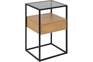 AC Design Furniture Radek kwadratowy stolik nocny z szufladą, dwoma półkami, szklanym blatem i drewnianą szufladą, czarna metalowa rama z łatwo dostępną szufladą, uniwersalny stolik nocny