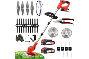 OUTIGO Débroussailleuse Electrique sans Fil 21V, avec 2 pièces Batterie et 4 Types de Lames Débroussailleuse à Gazon sans balais,légères et à Faible Bruit,pour Jardin Élagage,Pelouses et Terres Agricoles