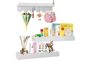 BunteHunde 3- Pack Nursery Book Shelf with Hook, 15.75-Inch Nursery Shelves, Kids Wall Bookshelf Wooden Floating Shelves for Bedroom, Living Room,Kindergarten Safe Wall-Mounted Book Storage(White)