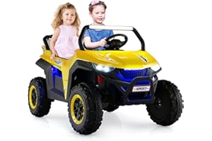 GYMAX Kids Electric UTV, 2-Seater 12V Battery Powered Toy Car with Remote Control, Lights, Bluetooth, MP3, USB, FM, High/Low Speed & Suspension Spring, Children Ride on Car for 3-8 Years Old (Yellow)