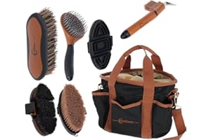 BRAMA WEST Covalliero Kit d'entretien cheval Premium 7 pièces avec sac de nettoyage – Brosses, étrille et grattoir à sabots pour l'entretien du cheval | Kit complet pour fourrure, crinière et sabots | Grattoir à