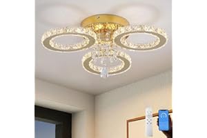 ‎VETRULUS VETRULUS Moderner Kristall-LED-Kronleuchter – Goldene Deckenleuchte mit 3 Ringen, Dimmbar für Schlafzimmer, Esszimmer, Flur