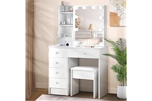 Saimeihome Dressing Table Vanity Table with Mirror and Stool, 10 LED-Lights with 3 Color Options & Adjustable Brightness, Vanity Desk with 6 Drawers 6 Shelves and Charging Station (White)