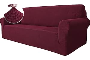 Ystyle Stretch Sofa überzug 3 Sitzer, Elastisch Sofabezug Mit Armlehnen, Jacquard Couch überzug rutschfest, Waschbar Sofa Cover Protector Für Hunde Haustiere, Weinrot