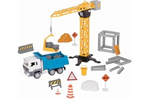 Driven by Battat – 62-teiliges Baustellen Spielset für Kinder – Spielzeug Kipplaster & Zubehör – Großes Set – Kran, Pylonen und mehr – ab 3 Jahren – Micro Kran Spielzeug (62 Teile)