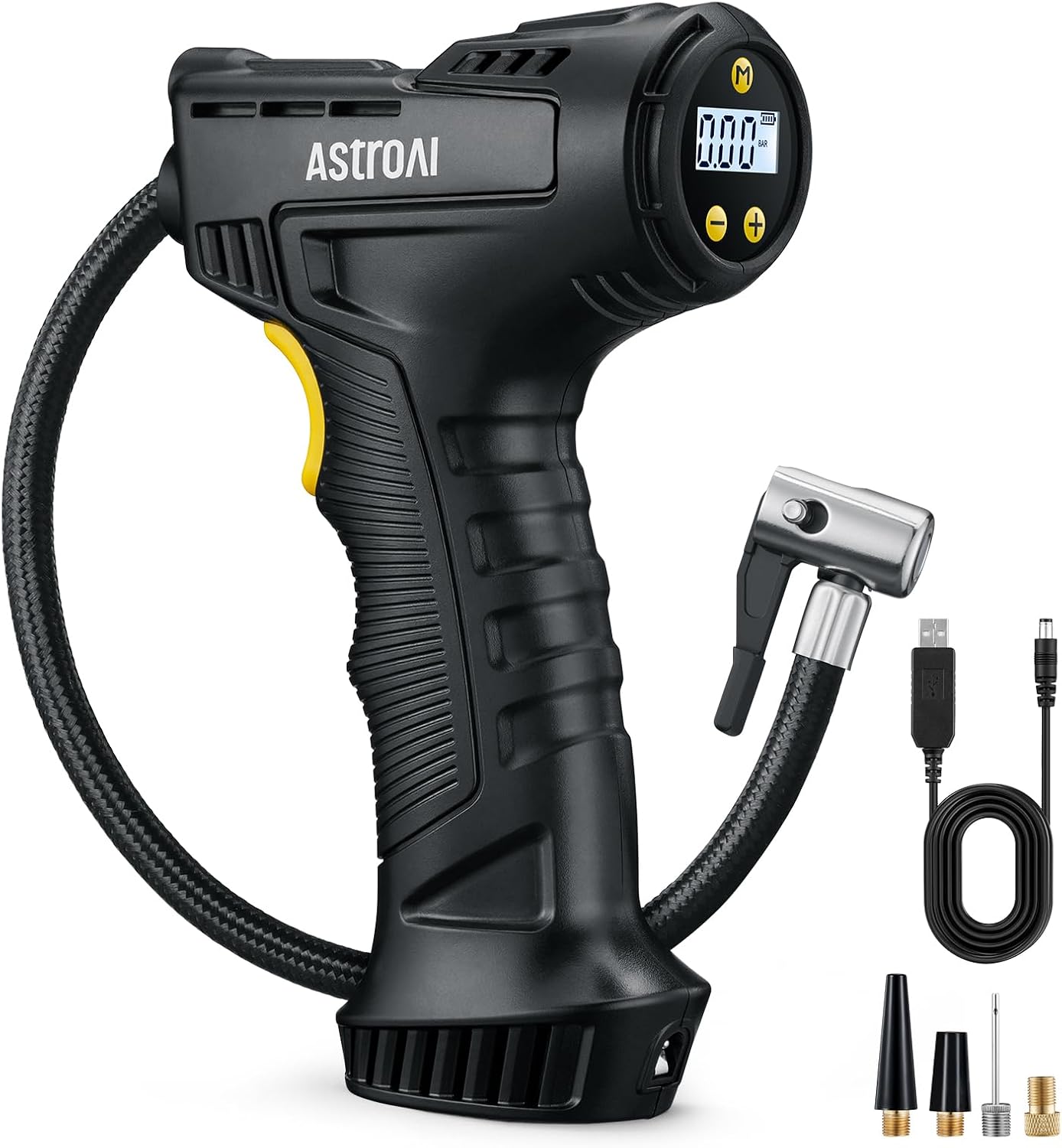 AstroAI Car Tyre Inflator Air Compressor, USB Rechargeable Battery Cordless Tyre Inflator, 150PSI Portable Handheld Tyre Pump Digital with Torch and 4 Adaptors for Car, Motorcycle Bike, Ball