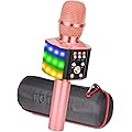 BONAOK Microphone Sans Fil Bluetooth Karaoké avec Lumières LED Coloré, 4 en 1 Karaoké Machine Lecteur Enregistreur Portable Microphone, Cadeau de Noël Enfants pour Android/iOS/PC (Or Rose)