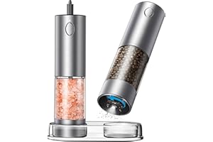 CIGAA Electric Salt and Pepper Grinder Set, Rechargeable Automatic Salt and Pepper Mill Grinder with Adjustable Coarseness and LED Light, Stainless Steel Salt and Pepper Grinder Set with Storage Base