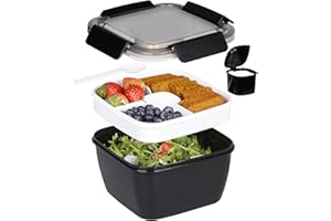Greentainer 52 OZ to Go Salad Container Lunch Box, BPA-Free, 3-Compartment for Salad Toppings and Snacks Bowl with Dressing Container, Built-in Reusable Spoon, Microwave Safe(Black)