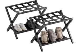 HITNET Portapacchi, set di 2, supporto per valigie pieghevole in bambù con ripiano di stoccaggio, portabagagli salvaspazio per hotel con 5 cinghie di nylon, Nero