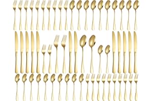 XESPIS Couverts de Table 12 Personnes, Ménagère 60 Pièces Couverts Dorés, Polis et Lavables au Lave-Vaisselle, Couverts de Table Doré, avec Couteaux/Fourchettes/Cuillères, pour Maison, Fête, Restaurant(or)