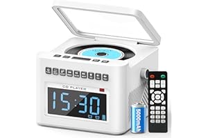 Greadio Portable CD Players for Home with Bluetooth, 5000mAh Rechargeable CD Player Remote Control/FM Radio/Alarm Clock/AUX/USB/TF/White Noise, 5W Speaker, LCD Display (White)