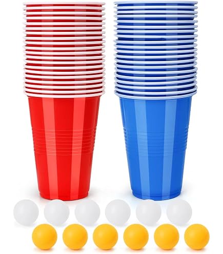 Set Beer Pong 100 Gobelets 500ml + 12 Balles - Rouge Et Bleu Pour Fêtes