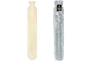 NOBLE & BRITE Long Hot Water Bottle with Cover Soft Fluffy Pom Pom Large 2 Litre (Silver)