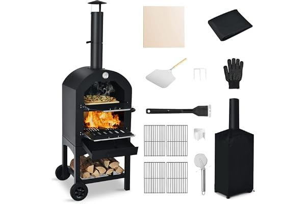 COSTWAY Four à Pizza Extérieur au Charbon, Four à Pizza Mobile avec Pelle, Pierre, Housse, Gants, Brosse, 5 Support, Couteau Cheminée et Thermomètre Double, Noir