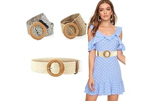 Basetousual Ceinture Paille Femme, Ceinture Tressée Femme, 3 Pièces Ceinture Élastique Tissée en Paille 2000, Boucle Ronde Tissée Ceinture, pour Dames Élégantes Jeans Robe (Blanc, Kaki, Color Block)