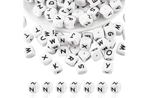BEEFLYING 20 Pièces en Silicone Blanches Perles Alphabet Cubiques dés Carrés 12mm à Large Trou pour la Fabrication de Porte-clés (Lettre N)