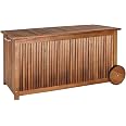 Coffre Rangement Jardin Casaria 350L - Bois Acacia - Roues Et Poignée - Bâche Intérieure - 117x52x58.5cm