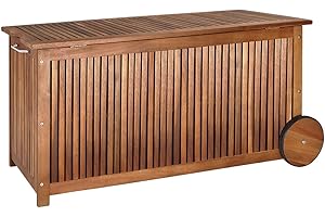CASARIA® Baúl de Almacenaje Exterior 350L Madera de Acacia Arcón de Jardín con Ruedas Cofre Cojines Funda Interior Asas 120x55x60cm