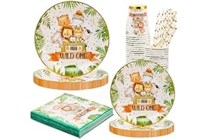 OUOQI 41 Stück Dschungel Safari Partygeschirr Set,Waldtiere Partygeschirr Kindergeburtstag Deko,Dschungel Thema Partygeschirr Set Grün Wildes Tier Papier Teller Tassen Servietten für Jungen Baby Shower