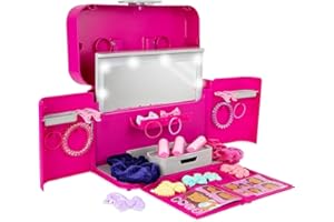 Casdon Ultimate Styling Case. Foldable Hair Styling and Accessory Case with Light-Up Mirror, Style Book, and Hair Accessories. Playset for Children Aged 3+, Pink