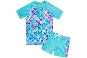 Fanient Dziewczęcy kostium kąpielowy dla dzieci dwuczęściowy strój kąpielowy z krótkim rękawem uroczy strój kąpielowy z nadrukiem UPF 50+ ochrona zestawy strojów kąpielowych 4-10 lat