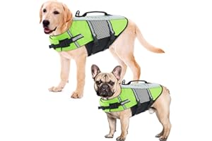 ALAGIRLS Dog Life Jacket, Reflective Dog Safety Vest Durable Adjustable Pet Life Preserver with High Buoyancy and Rescue Handle for Swimming, Surfing, Boating, Upgraded-Green XXL