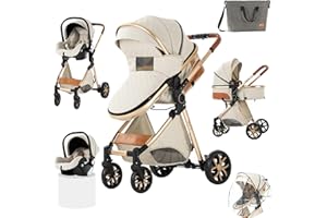 Prokoke Carrito Bebe 3 en 1, Carro Bebe 3 Piezas con Empuje Reversible de Dos Vías, Carrito Bebe con Estructura de Aleación de Aluminio, Cochecito Bebe 3 Piezas Para Recién Nacidos (225 Creamy White)