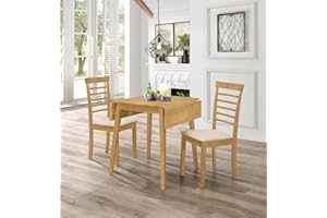 Hallowood Furniture Ledbury Small Drop Leaf Dining Table and Chairs Set 2, Wooden Folding Table in Oak Finish & Chairs with Warm Cream Padded Seats, Ideal Home or Cafe Dining Set for 2