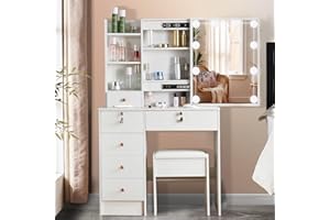 LIANWANG Tocador de Maquillaje con Espejo de Luz LED, Brillo Regulable e 3 Temperaturas de Color, Mesa de Tocador con 6 Cajones y 1 Taburete, Tocador de Dormitorio, Blanco