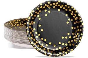 PYAILI Assiettes Jetables de Fête en Carton Noir et Or - 50 pièces (23 cm)