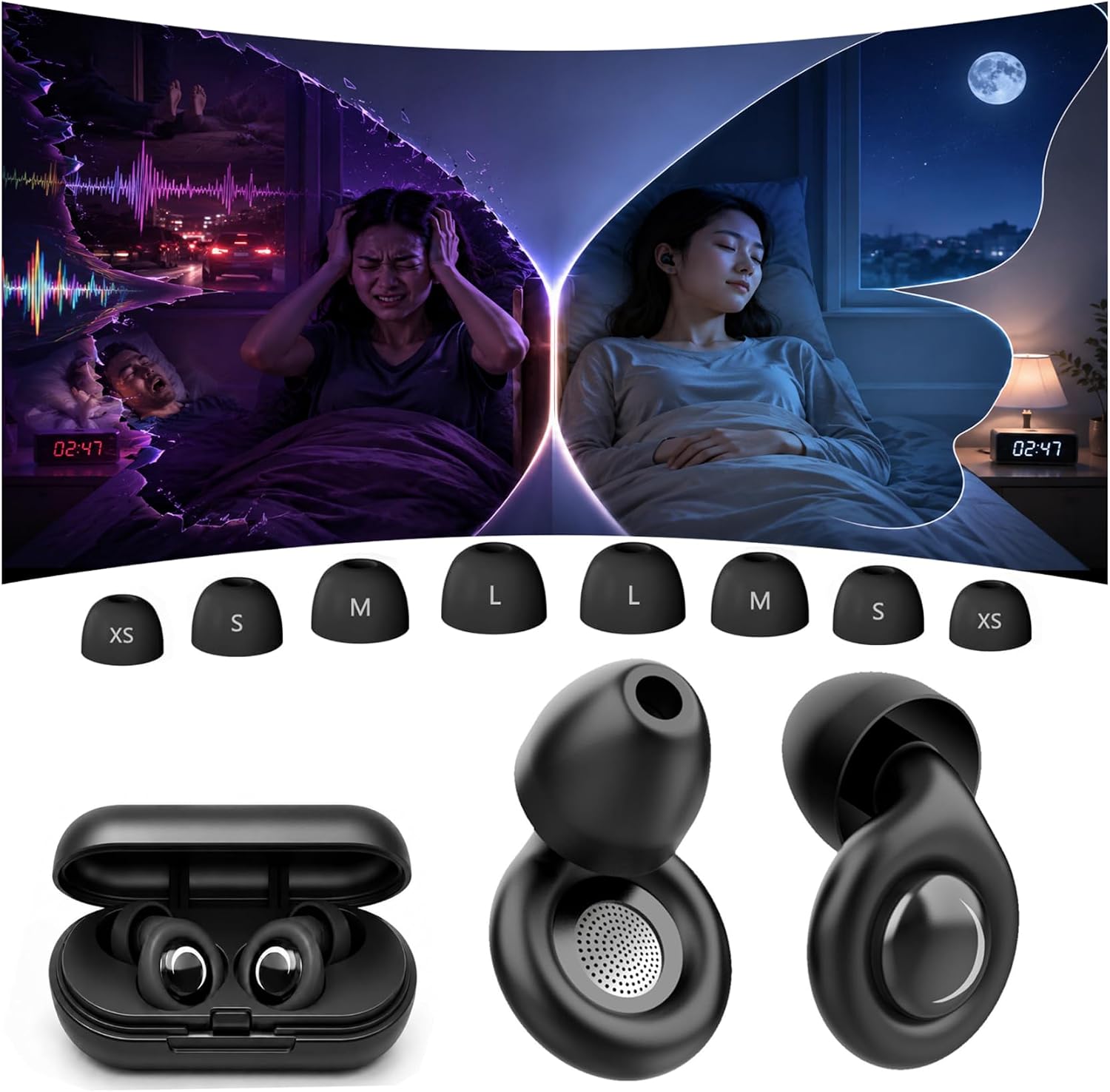 Bouchon D'oreille Pour Dormir【2026 Version Améliorée】Anti-Bruit 45 dB, Bouchons Réutilisables en Silicone Souple et Ergonomiques，4 Tailles (XS/S/M/L), Adaptés Pour Dormir/Voyager/Se Concentrer/Concert