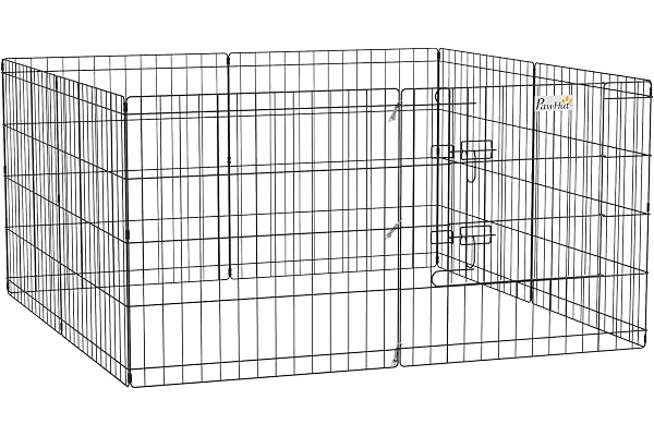 PawHut Parc enclos modulable pour Chiens Lapins rongeurs clôture pour Petits Animaux intérieur et extérieur Pliant 1 Porte 8 Panneaux en Fil de métal Porte verrouillable 61 x 61 cm Noir