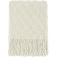BOURINA Acrylic Textured Solid Soft Sofa Couch Cover Decorative Knitted Throw Blanket (50" x 60", Beige)