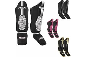 REX BOXING GEAR Rex Sports Endurance Shin Guard Instep for Kickboxing, MMA fighting pads, kickboxing shinpads, Muay Thai Leg pads, Rexene Leather Boxing protection for legs