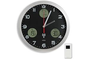 FISHTEC Orologio da Parete Stazione Meteorologica - Visualizzazione digitale : Previsioni + Temperature interna/esterna + Igrometro interno - Radiopilotato - Sensore termometro esterno - Ø 30 cm