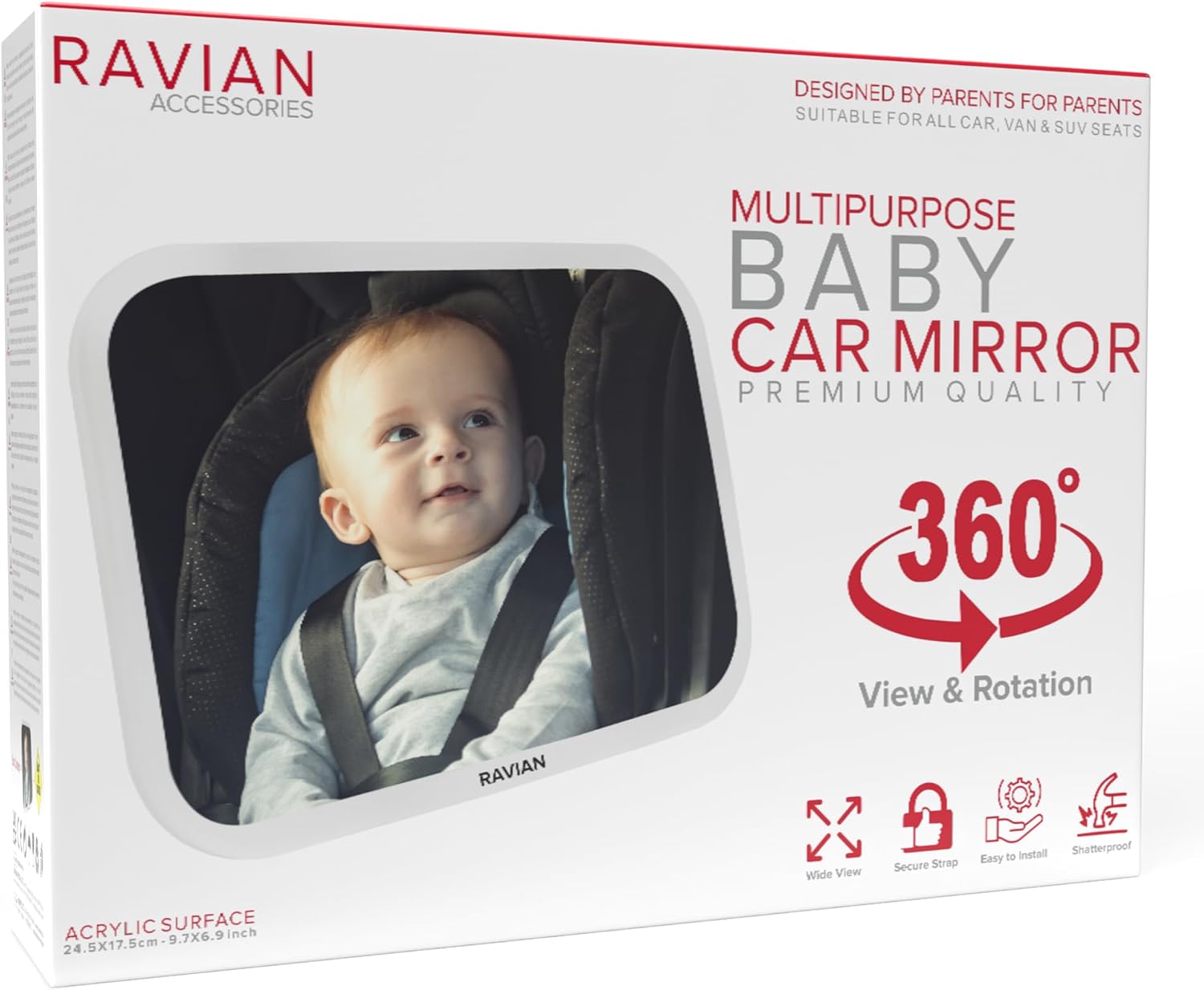 Espejo de coche para bebé para asiento trasero, elementos esenciales más seguros para recién nacidos con vista trasera, irrompible, ajustable para mirar hacia atrás, para bebés, niños y mascotas