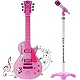 Kids 6 String Pink Electric Play Guitar & Microphone Set with Adjustable Stand Musical Toy, 8 Demo Songs