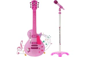 THE MAGIC TOY SHOP Kids 6 String Pink Electric Play Guitar & Microphone Set with Adjustable Stand Musical Toy, 8 Demo Songs
