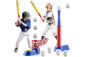 TEMI 2 in 1 Tee Ball Set for Kids 3-8, Kids Baseball T-Ball Set with 10 Balls, Step on Pitching Machine, Batting Tee, Outdoor Sport Toy Games for 3-12 Year Old Boys Girls Toddlers